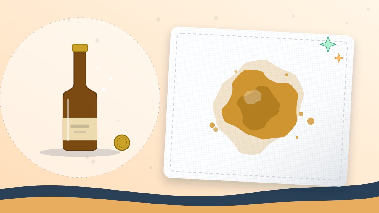 Alkol Lekesi çıkarma rehberi için çizim: kumaş üzerinde leke ve yanında bir bira şişesi